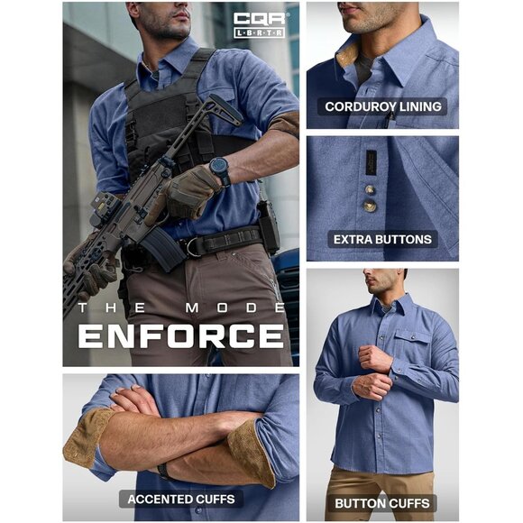 Mens  Corduroy French Blue Cotton Flannel Shirt Long Sleeve Casual Outdoor Plaid - Picture 7 of 9